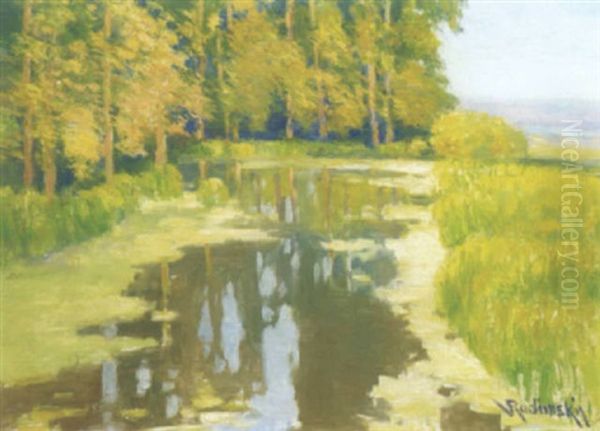 A Sunlit River Landscape Oil Painting by Wenzel Radimsky