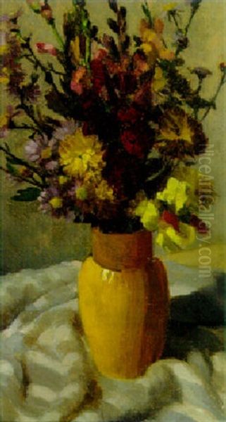 Spring Flowers In A Yellow Vase Oil Painting by Friedrich Edler Von Radler