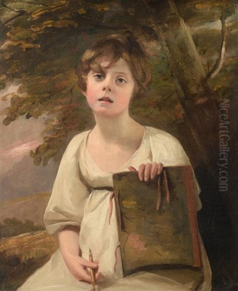 Portrait Of A Young Girl, Half Length Holding A Pencil And Sketch Book Oil Painting by Sir Henry Raeburn