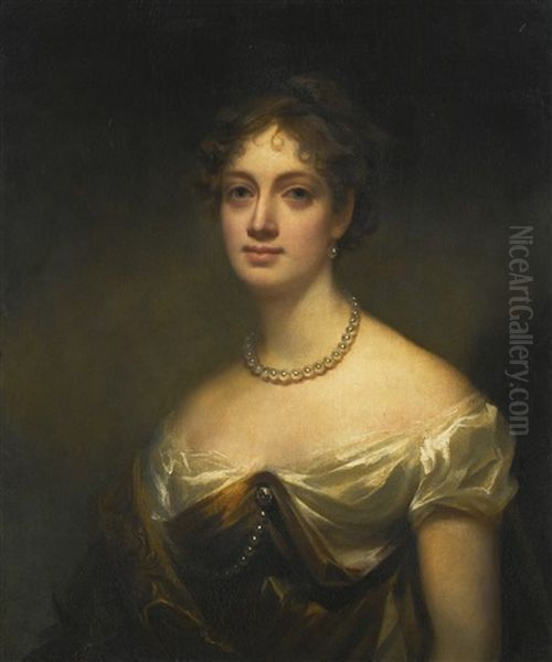 Portrait Of Anne Blair Maconochie Welwood Of Garvock, Lady Meadowbank (1784-1866), Half-length, Wearing A Brown And White Dress, With Pearl Earrings And Necklace Oil Painting by Sir Henry Raeburn