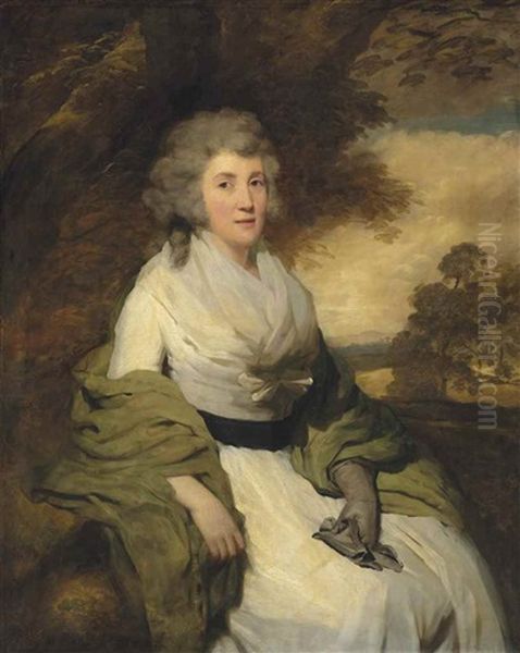 Portrait Of Henrietta, Mrs. John Parish (1745-1810), Three-quarter-length, Seated In A Landscape, Wearing A White Dress With A Green Shawl And Gloves by Sir Henry Raeburn