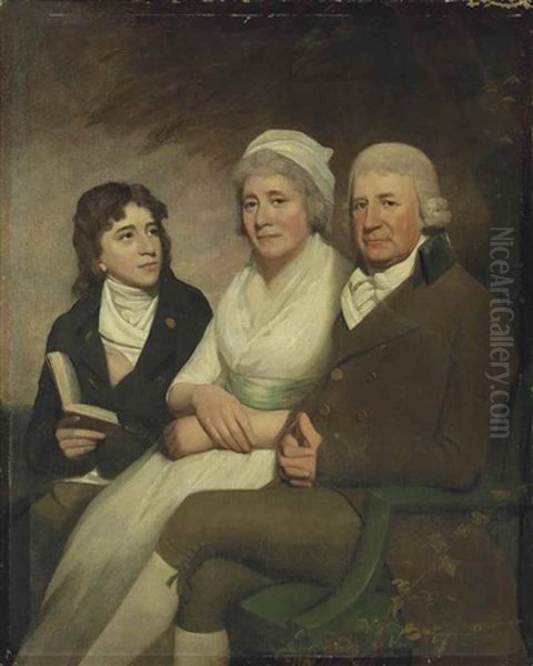 A Group Portrait Of James Harrower Of Inzievar With His Wife And Son, Three-quarter-length, Seated Under A Tree Oil Painting by Sir Henry Raeburn