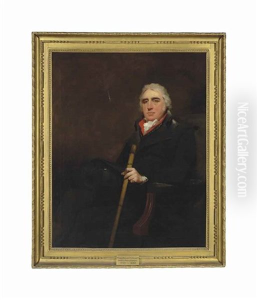 Portrait Of Donald Macleod, 3rd Of Geanies, Sheriff Of Ross And Cromarty, Seated, In A Black Coat With A Red Collar, His Left Hand Holding A Walking Stick Oil Painting by Sir Henry Raeburn