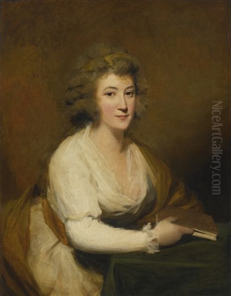 Portrait Of Lady Nasmyth, In A White Dress And Brown Shawl, Seated At A Table, Holding A Book Oil Painting by Sir Henry Raeburn