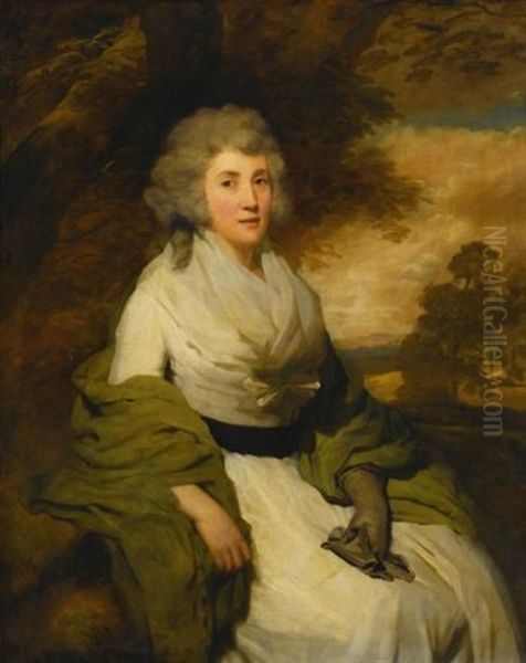 Portrait Of Mrs. John Parish, Seated In A Landscape, Wearing A White Dress With A Green Shawl And Gloves Oil Painting by Sir Henry Raeburn