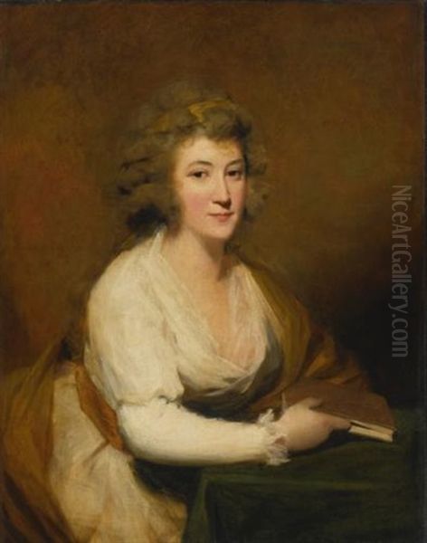 Portrait Of Lady Nasmyth, In A White Dress And Brown Shawl, Seated At A Table, Holding A Book Oil Painting by Sir Henry Raeburn