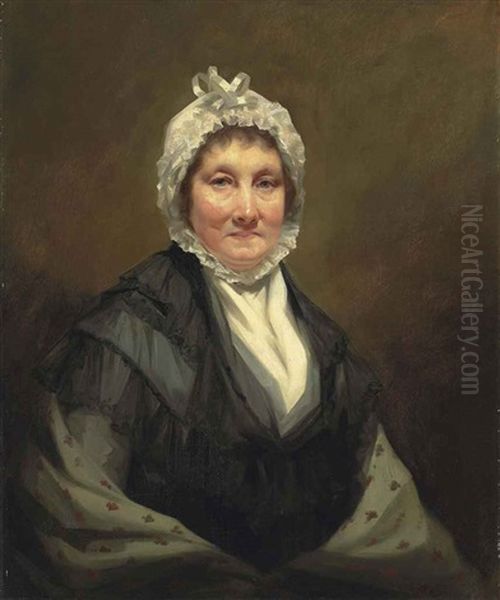 Portrait Of The Hon. Mrs. King, Of Dunira, Half-length, In A Black Dress And A Grey Shawl, With A White Bonnet Oil Painting by Sir Henry Raeburn