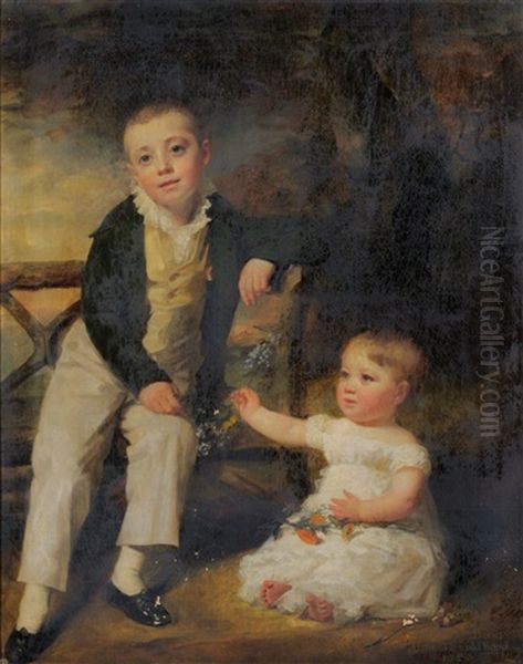 Portrait Of Willoughby Wood And Arthur Thorold Wood, One Boy Seated On A Bench, The Other On The Floor Nearby Holding Flowers Oil Painting by Sir Henry Raeburn