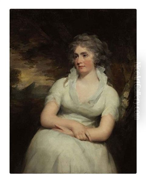 Portrait Of Dame Helen Houston Of Clerkington, Seated In A White Dress Oil Painting by Sir Henry Raeburn