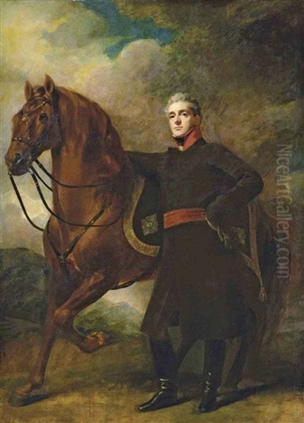 Portrait Of Alexander Douglas-hamilton, 10th Duke Of Hamilton And 7th Duke Of Brandon In Uniform, With His Arabian Charger, In A Landscape Oil Painting by Sir Henry Raeburn