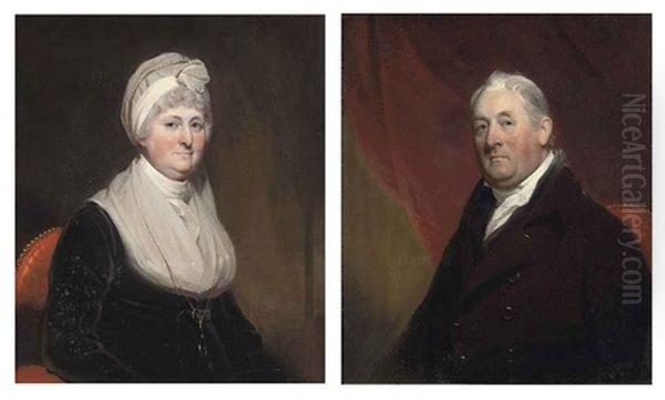 Portrait Of A Lady Seated In A Black Dress And A Lace Cap Adorned With Pearls (+ Portrait Of A Gentleman Seated In A Black Coat And White Cravat; Pair) Oil Painting by Sir Henry Raeburn