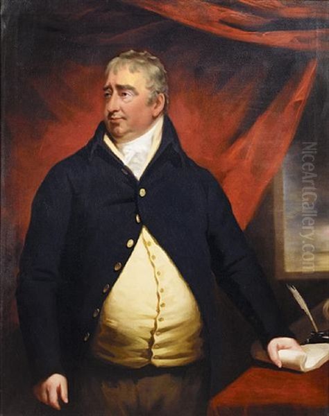 Portrait Of Charles James Fox In A Black Coat And A Yellow Waistcoat, Standing Before A Desk Holding Documents Oil Painting by Sir Henry Raeburn