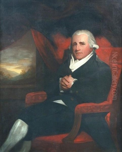 Portrait Of Sir Walter Farquhar 1st Baronet, Physician To George Iv, Three Quarter Length, Seated In A Green Jacket, Black Breeches And White Stockings With A Landscape Beyond Oil Painting by Sir Henry Raeburn