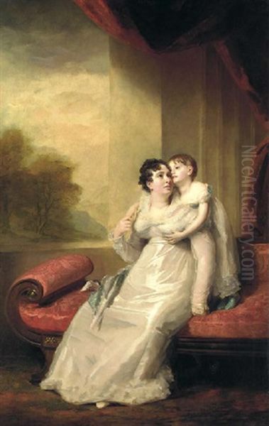 Portrait Of Margaret Lee Harvey With Her Child (john Harvey?), Both Full-length, She Seated By A Window On A Red Day Bed In A White Dress, He In A White Dress Oil Painting by Sir Henry Raeburn