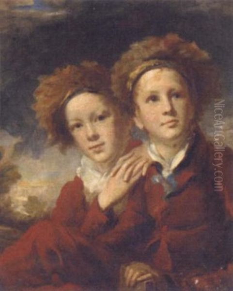 Double Portrait Of Two Boys In Red Suits In A Landscape Oil Painting by Sir Henry Raeburn