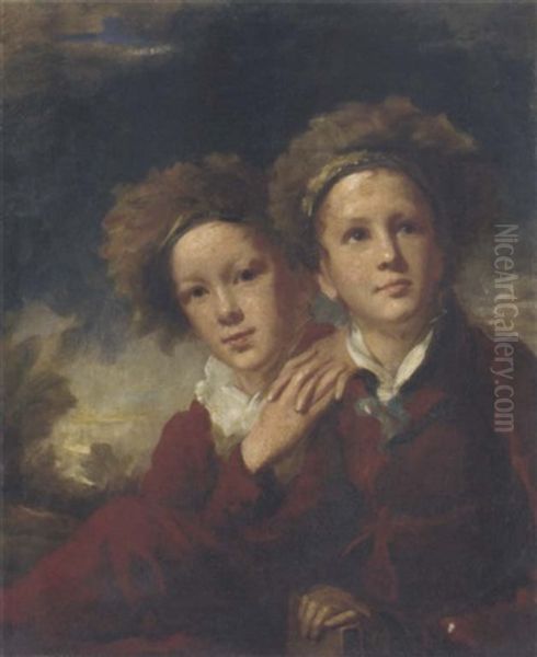 Double Portrait Of Two Boys Seated In Red Suits In A Landscape Oil Painting by Sir Henry Raeburn