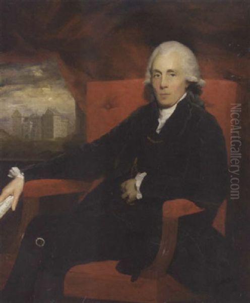 Portrait Of A Gentleman In A Black Coat And Breeches, Holding A Scroll, The Bridewell Beyond Oil Painting by Sir Henry Raeburn