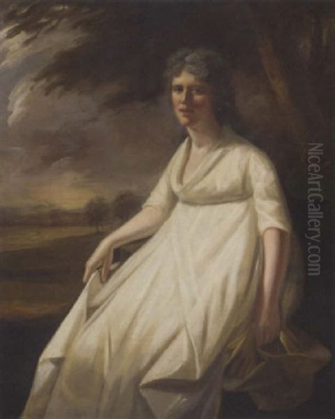 Portrait Of Miss Janet Symington In A White Muslin Short-waisted Dress, Holding Her Hat And Gloves, In A Landscape Oil Painting by Sir Henry Raeburn