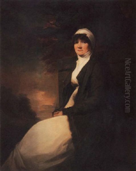 Portrait Of Zepherina Veitch In A White Dress And A Green Cape, An Extensive Landscape Beyond Oil Painting by Sir Henry Raeburn