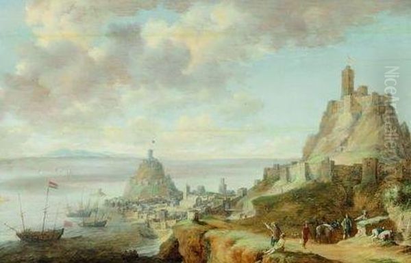 Promeneurs Et Paysans Devant Une Vue De Gaeta Pres De Naples Oil Painting by Peeters Bonaventure