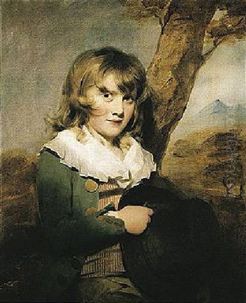 Portrait Of Master Loch Seated By A Tree, Wearing A Green Coat And Pink Striped Waistcoat, His Hat In His Right Hand Oil Painting by Sir Henry Raeburn