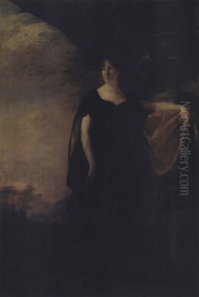 Portrait Of Margaret Stark, Mrs. Drummond, In A Black Dress And Cloak, Her Left Arm Resting On The Base Of A Classical Urn, In A Landscape Oil Painting by Sir Henry Raeburn