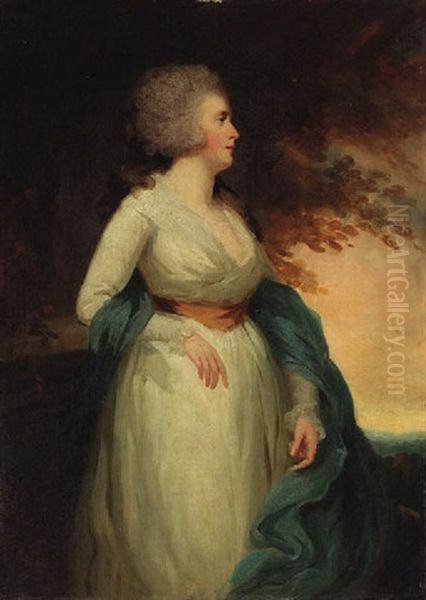 Portrait Of A Lady In A White Dress And A Blue Shawl, In A Landscape Oil Painting by Sir Henry Raeburn