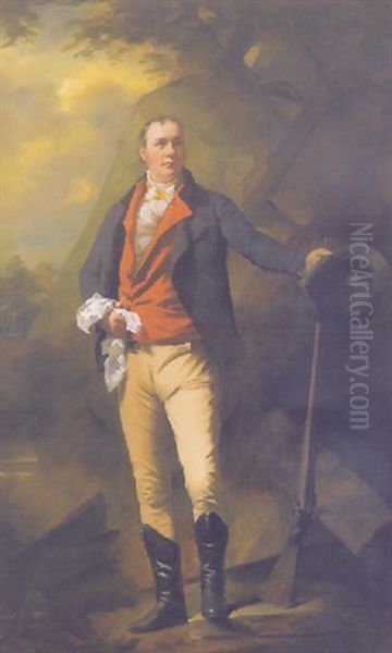 Portrait Of John Cuninghame, 13th Laird Of Craigends, Standing, Wearing A Dark Coat And Holding A Shot Gun Oil Painting by Sir Henry Raeburn