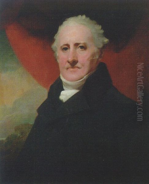 Portrait Of A Gentleman( Andrew Wauchope Of Niddrie?) In A Black Coat And Cravat, Against A Red Curtain Oil Painting by Sir Henry Raeburn