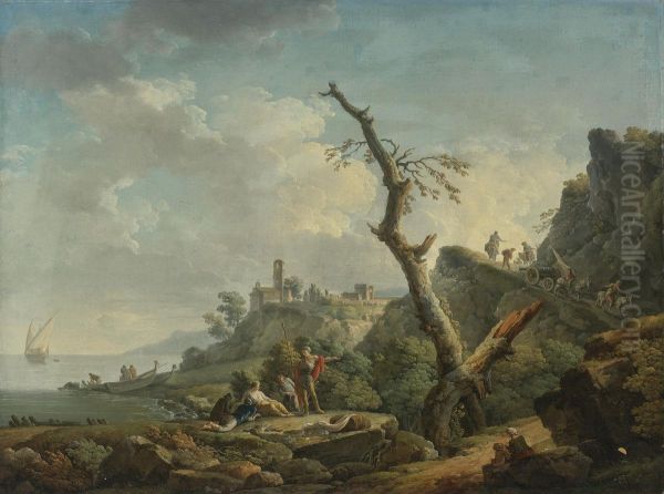 A River Landscape With Figures Reclining In The Foreground Oil Painting by Carlo Bonavia