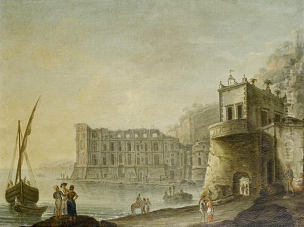 A View Of The Temple Of Diana, Baia, Withgrand Tourists In The Foreground Oil Painting by Carlo Bonavia