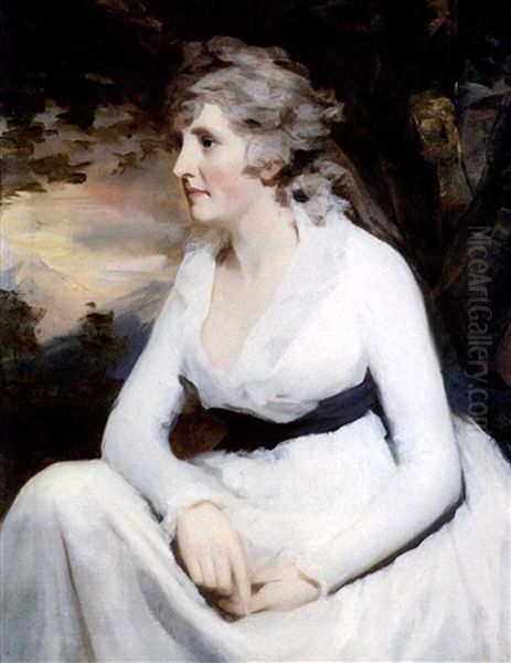 Portrait Of Mrs. Hunter, Nee Margaret Douglas Of Brighton,  Seated Half Length, Wearing A White Dress And A Dark Sash Et Oil Painting by Sir Henry Raeburn