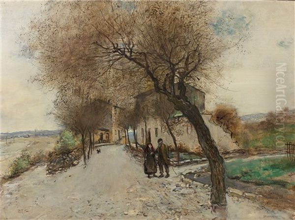 Promeneurs A La Sortie D'un Village Oil Painting by Jean Francois Raffaelli