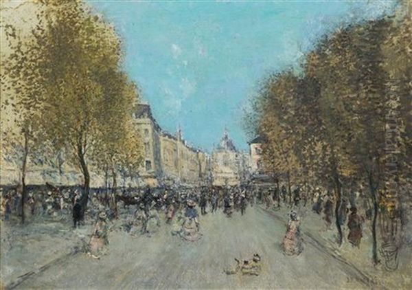 Bustling Parisian Street Oil Painting by Jean Francois Raffaelli