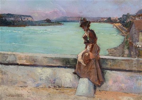 Girl Seated On Bridge Oil Painting by Jean Francois Raffaelli