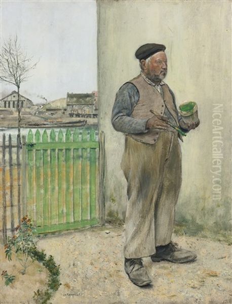 Bonhomme Venant De Peindre Sa Barriere (man Having Just Painted His Fence) Oil Painting by Jean Francois Raffaelli