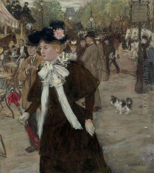 Elegante Sur Le Boulevard Des Italiens, Paris Oil Painting by Jean Francois Raffaelli