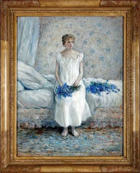 Jeune Fille Aux Bleuets Assise Sur Son Lit Oil Painting by Jean Francois Raffaelli