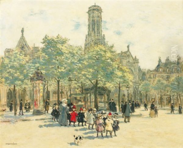 Fillettes Se Promenant Sur La Place Du Louvre Oil Painting by Jean Francois Raffaelli