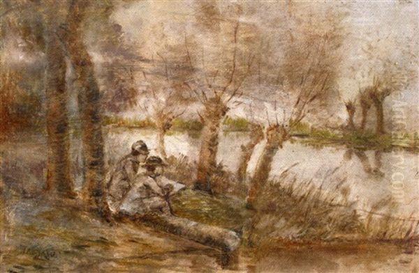 Dessinateurs Au Bord De L'eau Oil Painting by Jean Francois Raffaelli