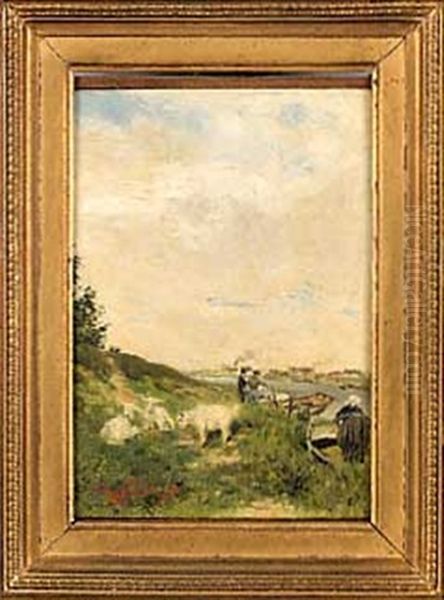 Gardeuse De Chevres Au Bord De La Riviere Oil Painting by Jean Francois Raffaelli