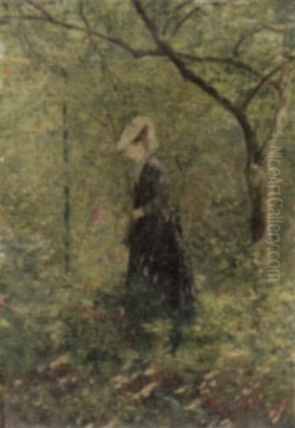 Elegant Lady In A Forest Oil Painting by Jean Francois Raffaelli