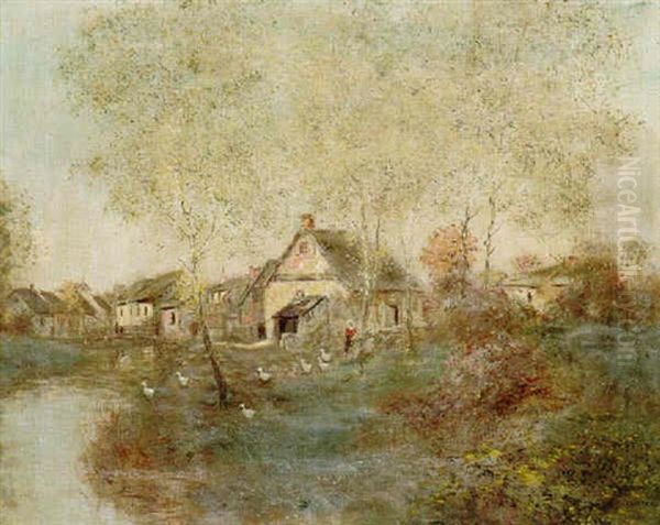 Feeding The Ducks Along The Canal Oil Painting by Jean Francois Raffaelli