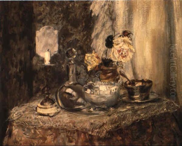 Still Life With Roses, Candlestick And Sugar Bowl Oil Painting by Jean Francois Raffaelli