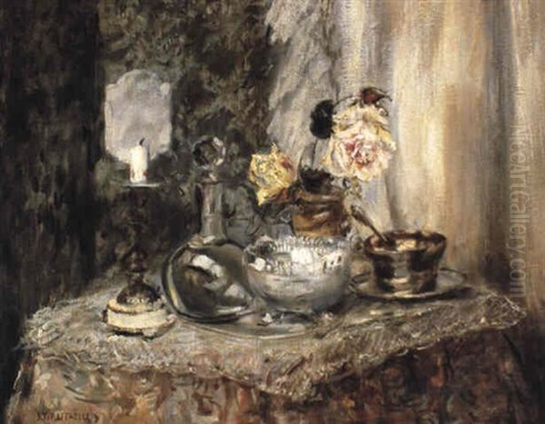 Still Life With Roses, A Candlestick And Sugar Bowl Oil Painting by Jean Francois Raffaelli