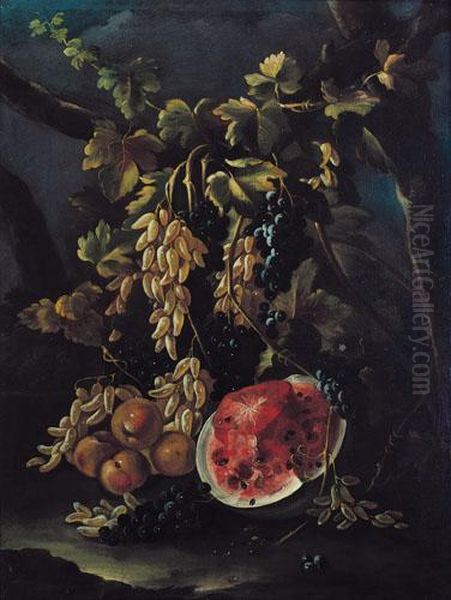 Natura Morta Con Uva Cornicella, Mele E Anguria Spezzata Oil Painting by Giovanni Battista Boncori