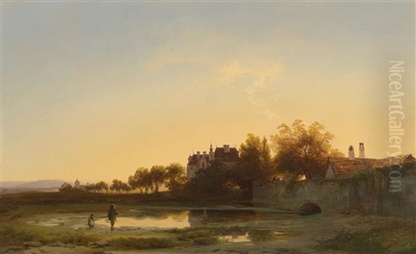 Angler In The Evening Light By The Castle Pond Oil Painting by Ignaz Raffalt