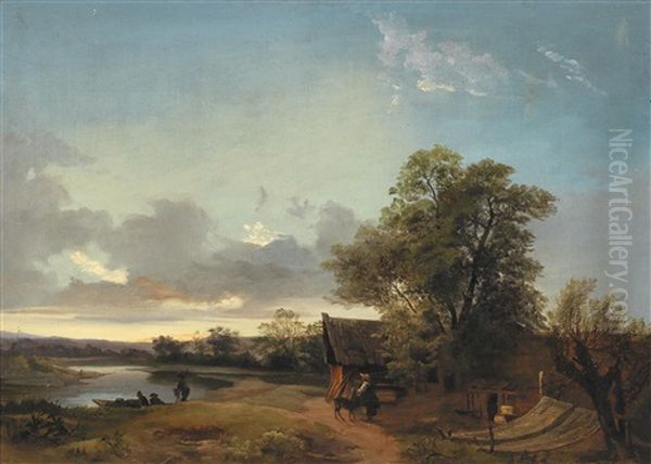 River Landscape In The Evening Light With Decorative Figures Oil Painting by Ignaz Raffalt