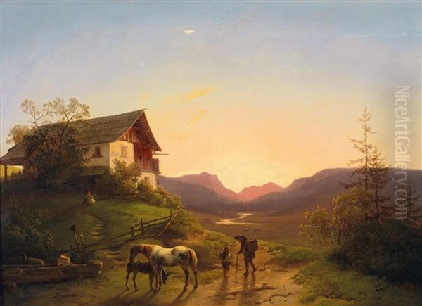 Abendstimmung Vor Weiter Landschaft Mit Pferden Oil Painting by Ignaz Raffalt