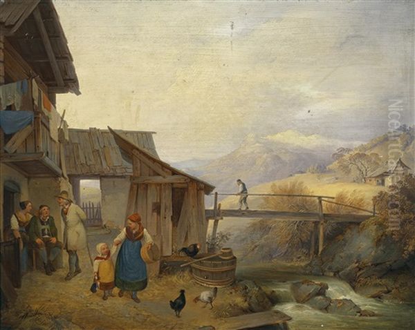 Bauernhofidylle In Den Alpen Oil Painting by Ignaz Raffalt